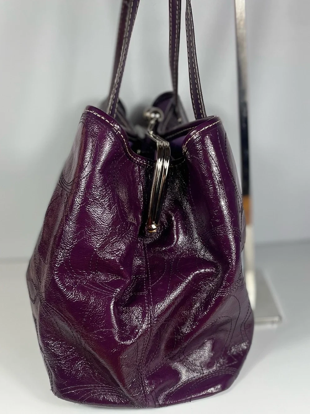 Coach Signature Stitch Plum Patent Leather Kiss-lock Carryall Y2K